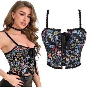NWOT Floral Black Corset Top with Lace Trim